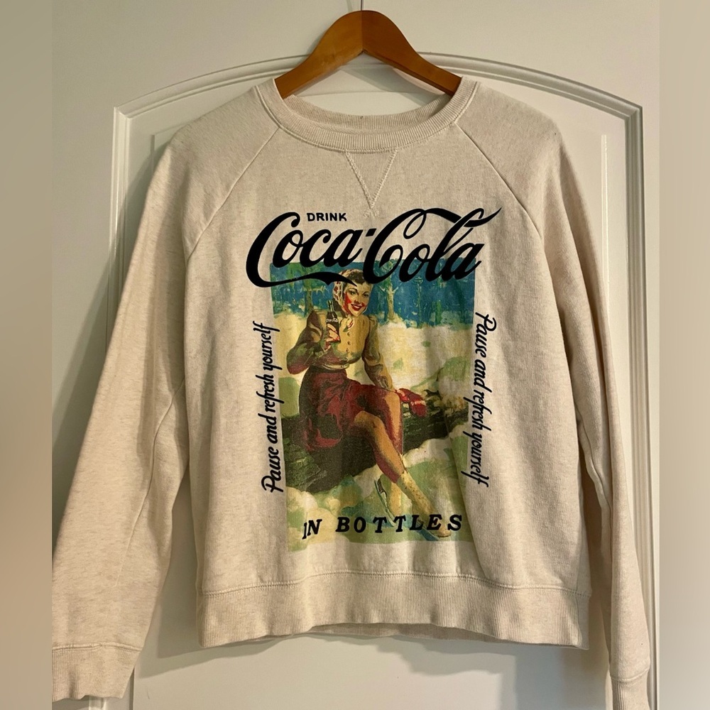 Lucky Brand Coca-Cola Women's Fleece Crewneck Graphic Logo Pullover M Beige